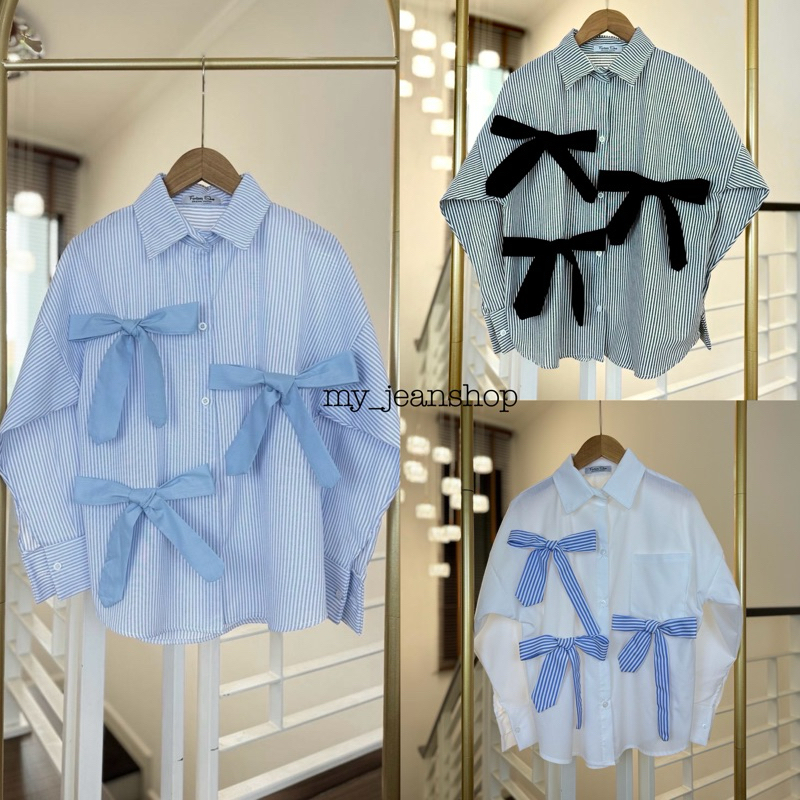 ใช้โค้ด30%เหลือ140 เสื้อเชิ้ตคอปกแขนยาวลายริ้วแต่งโบว์ใหญ่ งานป้าย เสื้อใส่ทำงาน