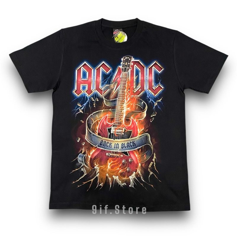 เสื้อยืด AC DC(สกรีนเรืองแสง)ป้ายRockTees คอตตอน100 ลายกีตาร์ไฟ