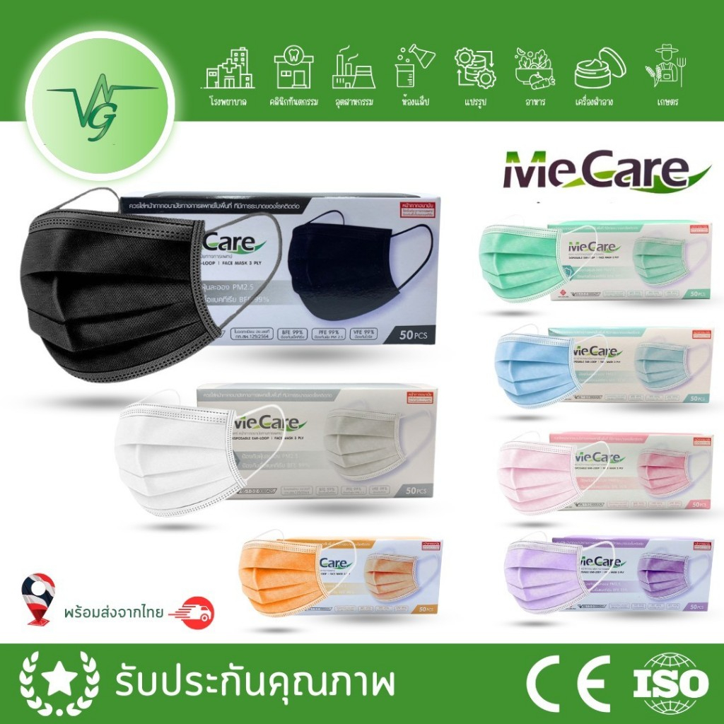 หน้ากากอนามัยทางการแพทย์ MeCare/GLUCKY 3 ชั้น ป้องกันฝุ่นและเชื้อโรค