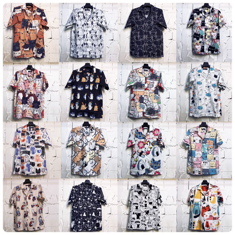 เสื้อเชิ้ตฮาวายลายแมวM-4XL ไหมอิตาลี ไม่ร้อนไม่ยับ ใส่ได้ทั้งชายและหญิง