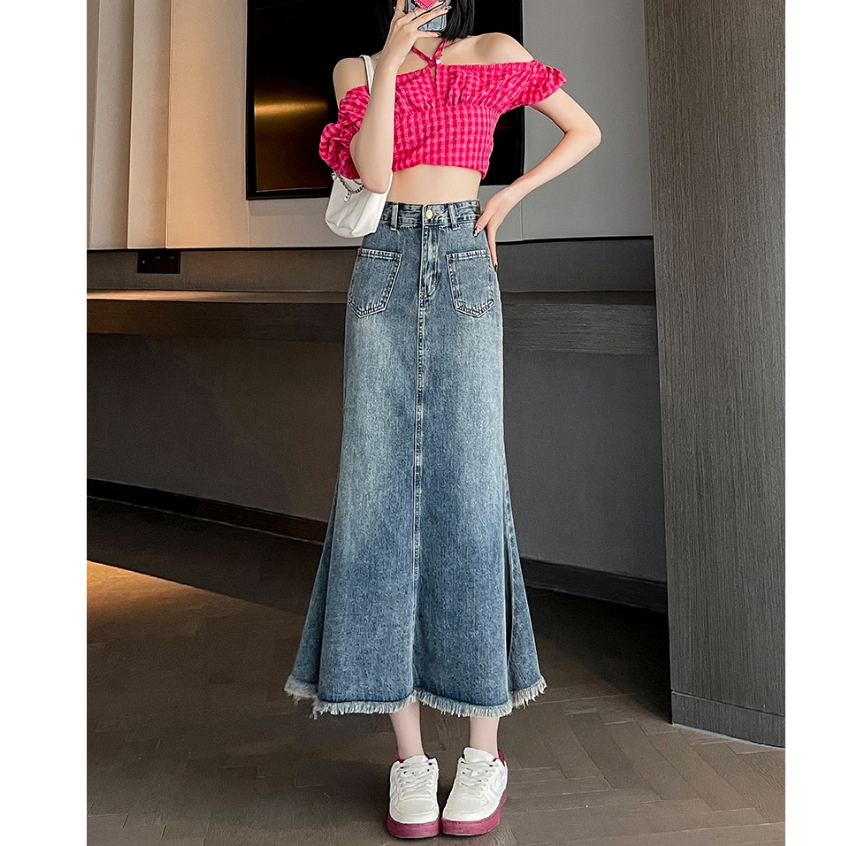 Gdhes house กระโปรงยีนส์มิดี้หางปลา เอวสูงแฟชั่น สีฟ้าอมเทา Skirt เสื้อผ้า ผู้หญิง CV27