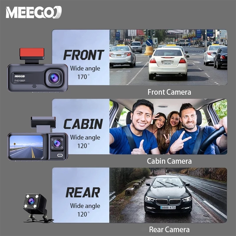 MeeGoo 4K 1080P กล้องติดรถ 2 นิ้ว 3 กล้อง dash cam เครื่องบันทึกการขับ โหมดกลางคืน จับการเคลื่อนไหว thumbnail 6