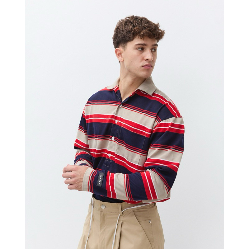 Hunter Studios - เสื้อโปโลแขนยาวลายทาง คอลึก รุ่นStriped Polo
