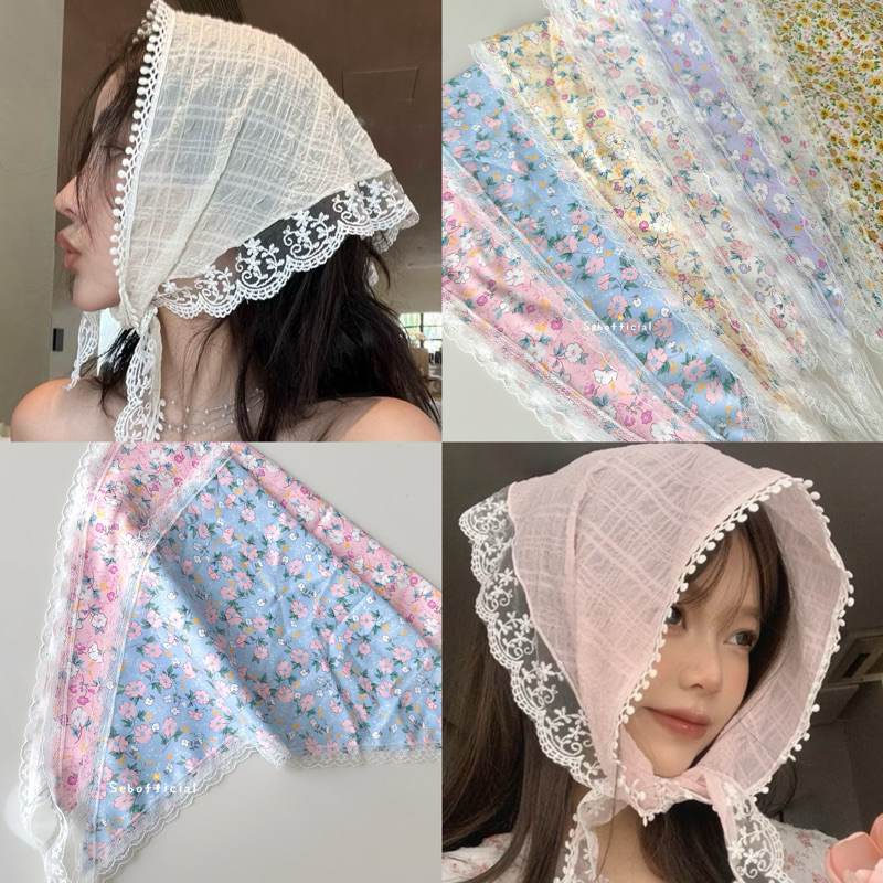 Sebofficial | ผ้าคลุมผม ทรงสามเหลี่ยมแต่งขอบลูกไม้♡‧₊˚ ผ้าผูกผม ใส่ไปทะเล
