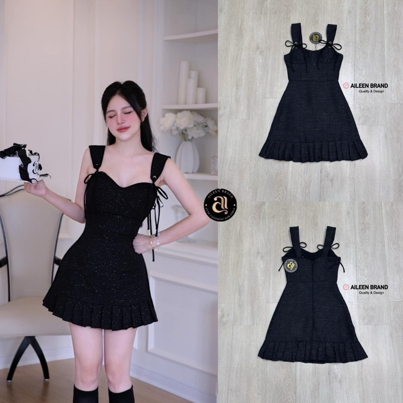 Aileen Brand มินิเดรสสีดำเนื้อผ้าทอ สายใหญ่เจาะรูด้านหน้าผูก ปรับระดับสายได้( เสริมฟองน้ำและซิปหลังซ่อนอย่างดี )