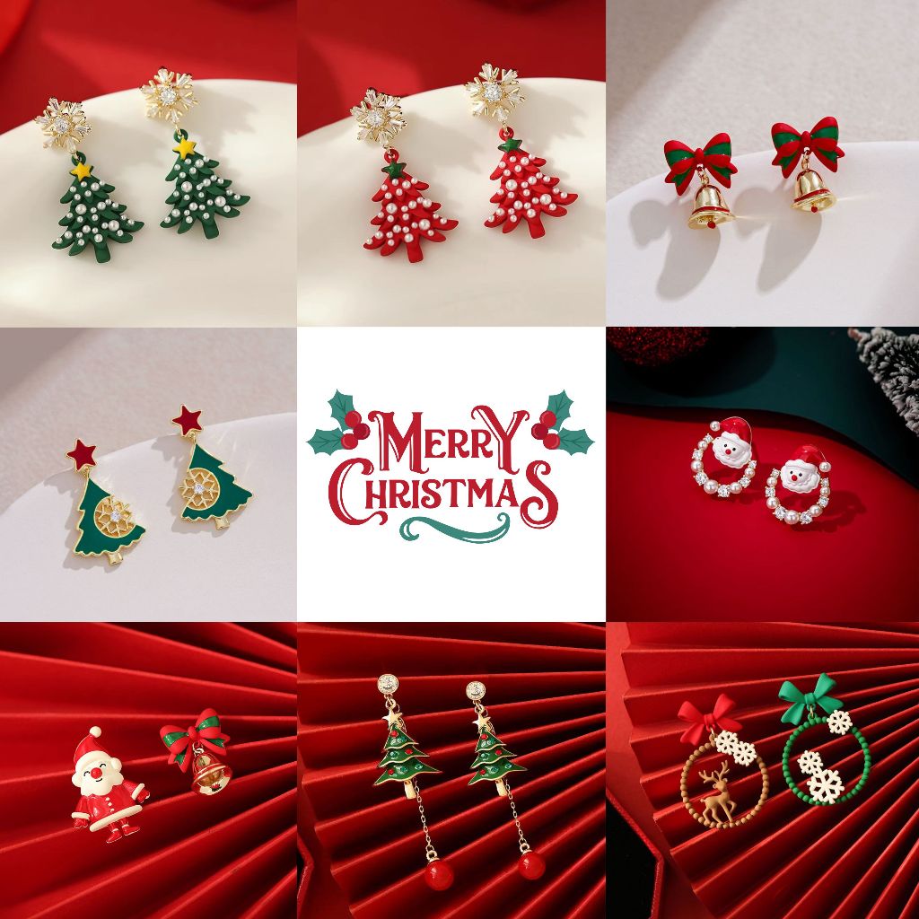 ต่างหู เทศกาลคริสต์มาส รูปต้นคริสต์มาส สีเขียว สีแดง ซานต้าครอส โบว์ และ ระฆัง ☃️
