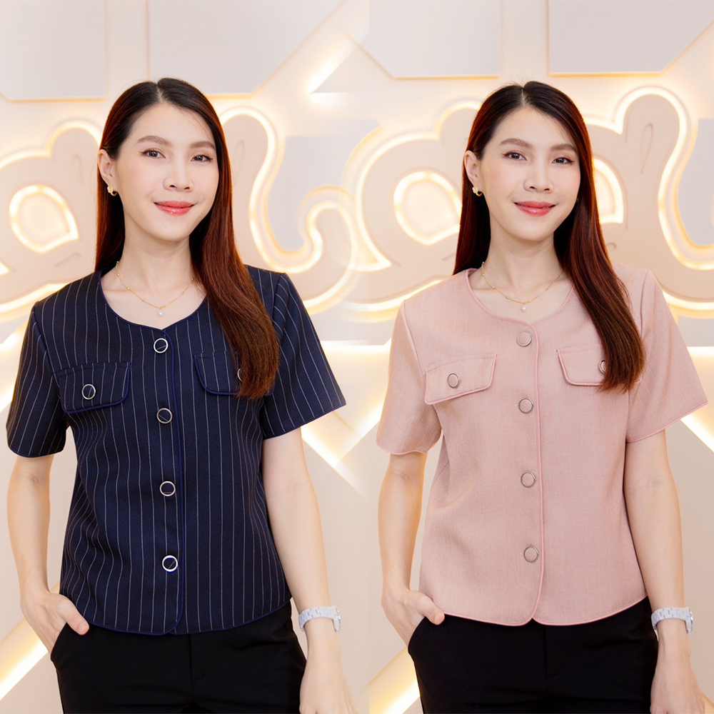 POI เสื้อคอกลมแขนสั้นลายเส้นแต่งกระเป๋า L069J5