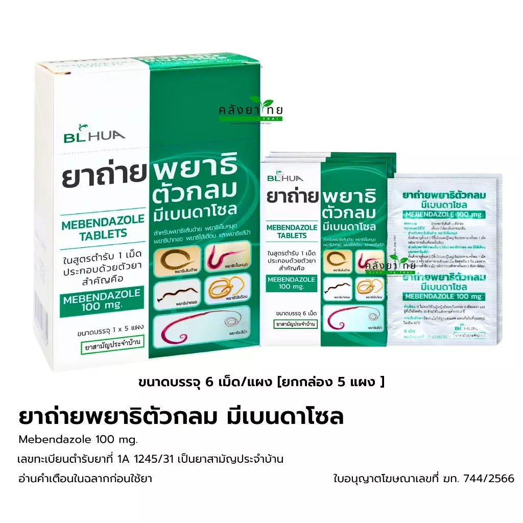 ยาถ่ายพยาธิตัวกลม Mebendazole 100mg. ยาถ่ายพยาธิ แผงละ 6 เม็ด