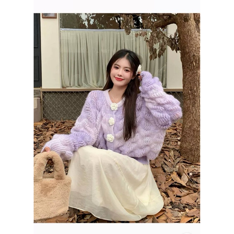 เสื้อไหมพรมผ้านุ่มกระดุมดอกไม้สีพาสเทล
