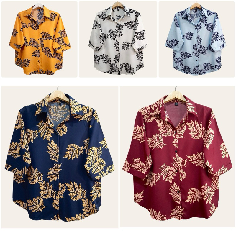 (อก 44”) เสื้อเชิ้ต เเขนสามส่วน ผ่าหน้า ลายใบใหญ่ ผ้าไหมอิตาลี ไม่ต้องรีด
