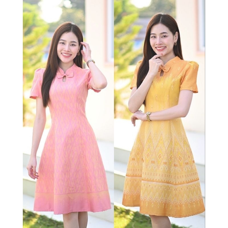 ชุดเดรสผ้าฝ้ายทอคอจีนเเต่งโบว์ทรงย้วย6ชิ้นสีโอรส/สีเหลืองอัดผ้ากาวสีเดียวกับชุดทั้งชุด