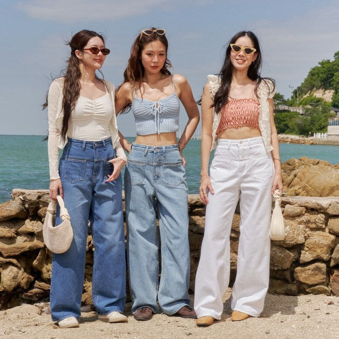 Sis story กางเกงยีนส์ ขายาว เอวสูง ทรงกระบอกใหญ่ ตัดต่อหน้า Sis 542 Muffin baggy jeans