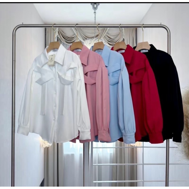 เสื้อเชิ้ตแขนยาว (โบว์ไขว้หน้า) แขนพอง เรียบหรู ผ้านุ่มลื่น ใส่สบาย