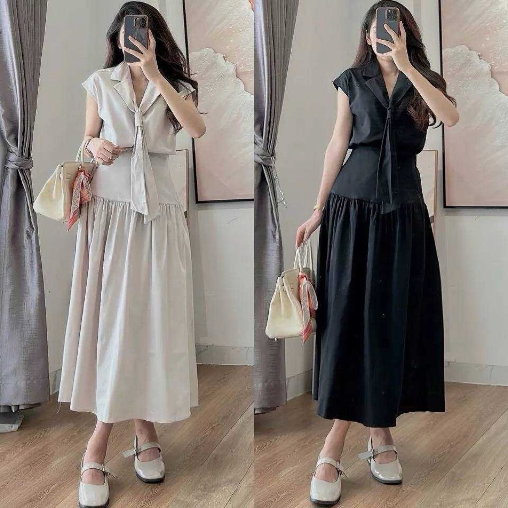 พร้อมส่ง ชุดเซตกระโปรงผ้าครัช เสื้อคอปกผูกเน็คไท+กระโปรงเอวเรียบสม็อคหลังพร้อมซับใน A5370