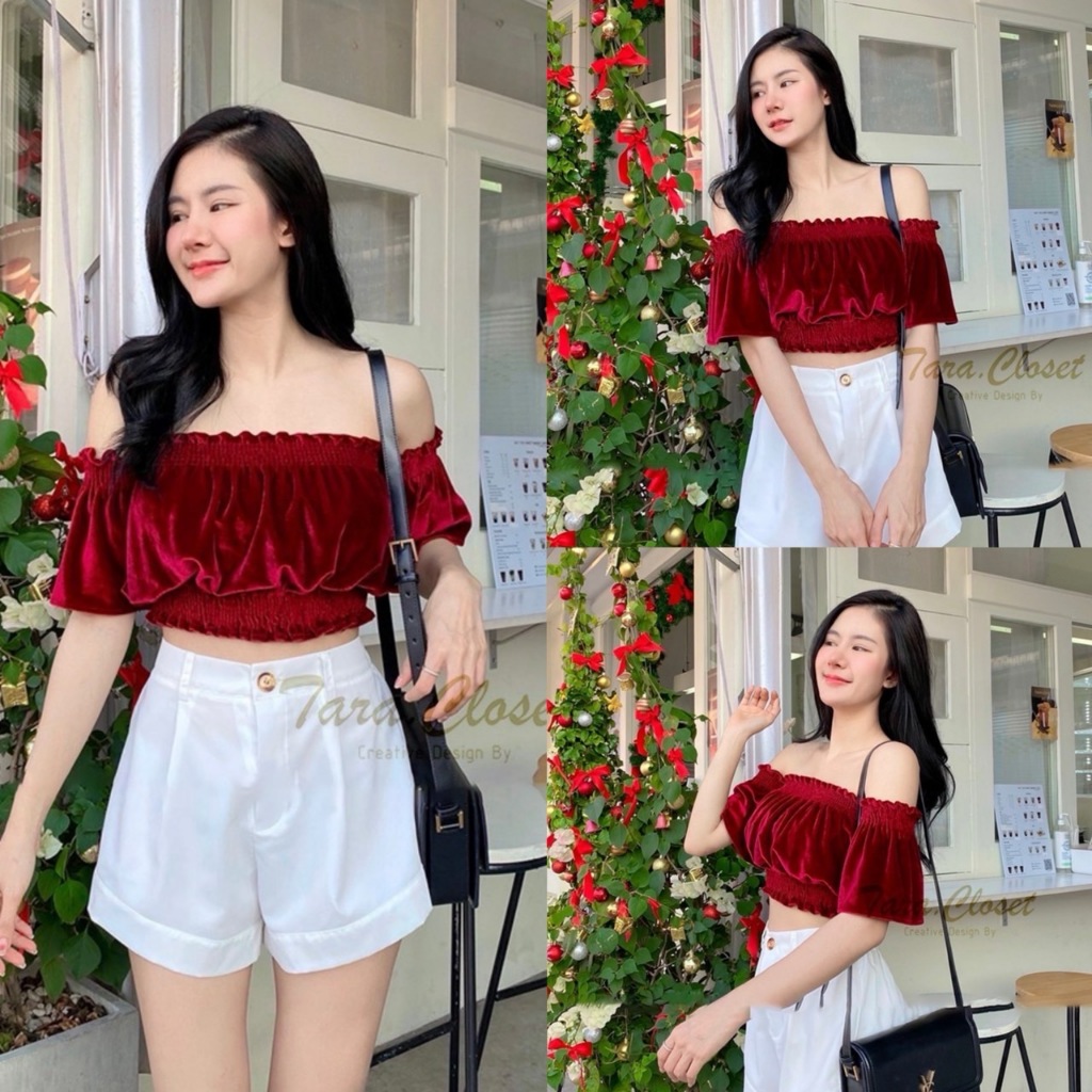 BA067 TARA Crop เสื้อครอป เสื้อเกาะอก แขนพอง แขนตุ๊กตา เนื้อผ้ากำมะหยี่ ผ้าดี ใส่สบาย ไม่ร้อน
