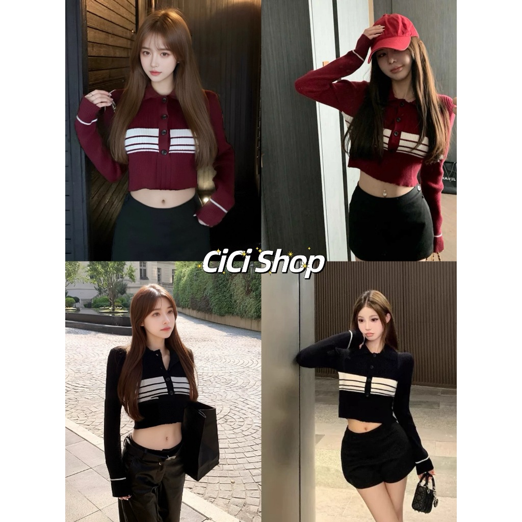 Cicishop(C1982)เสื้อครอปแขนยาวไหมพรมดีเทลกระดุมหน้า สสไตล์ชิคๆ