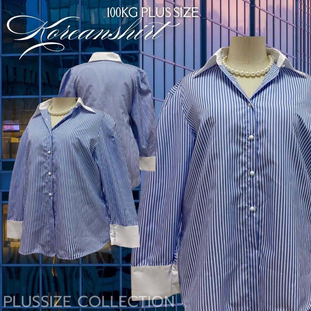 Plus size เสื้อเชิ้ตคอปกขาวลายริ้วแต่งกระดุมมุกของสาวอวบ แฟชั่นผู้หญิงทรงเกาหลี รุ่นส.ดาร์เลเน่(A69)