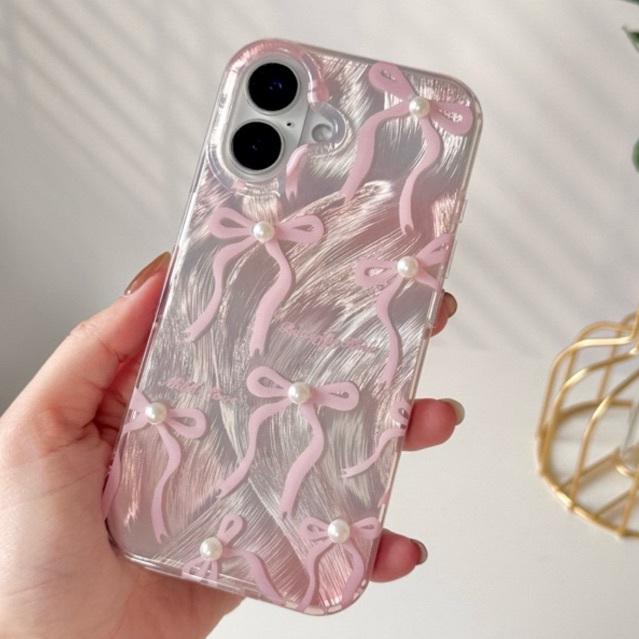 (ภาพสินค้าจริง) ใหม่ เคสลายริ้วเงินโบว์ชมพูติดมุก ส่งจากไทย