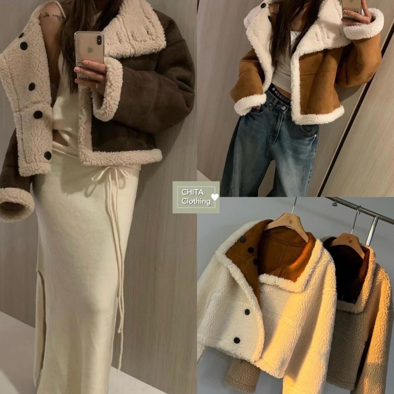#passtell13390 Korea suede cropped coat เสื้อโค้ทครอปหนังกลับบุขนใน รุ่นนี้ใส่ได้2ด้านเลยค่ะ