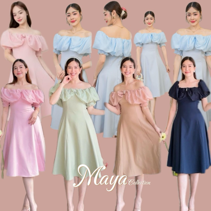 G115 ชุดเดรส ชุดออกงาน ชุดเพื่อนเจ้าสาว เดรสเปิดไหล่แต่งอกโบว์ออแกนดี้ s-2xl