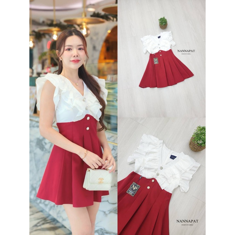 M11 งานป้าย Nannapat Dress ชุดเดรสสั้นจับจีบแต่งระบายแขนสีทูโทน สำหรับผู้หญิง เสื้อผ้าแฟชั่นผู้หญิง ไซส์ S-XL