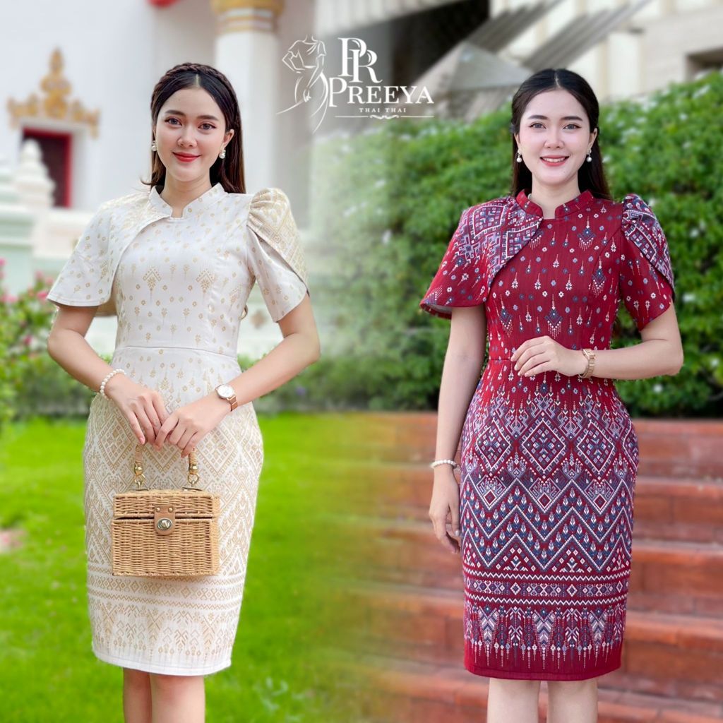 PR116 เดรสผ้าฝ้ายทอลาย ยกแขน อัดกาวทั้งชุด แบรนด์ preeya