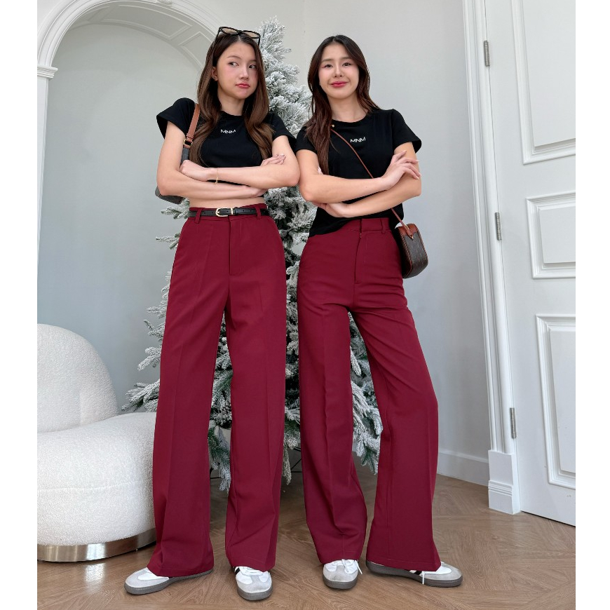 K2.Classy Pants Red wine color กางเกงเอวสูงสีแดงไวน์ ขากระบอกกลาง