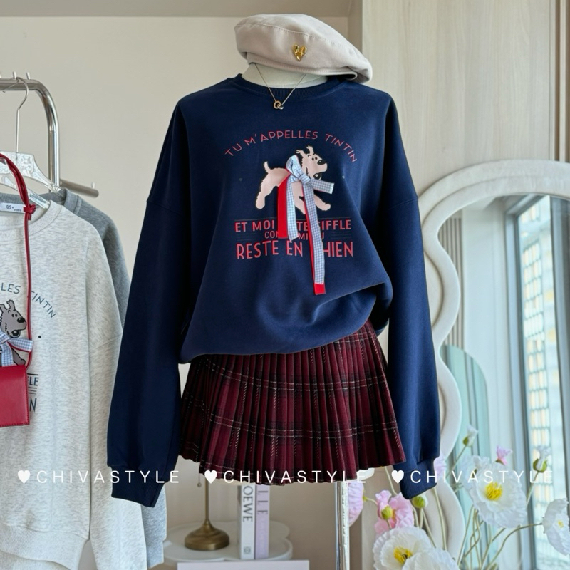 -𝐂𝐡𝐢𝐯𝐚- พร้อมส่ง เสื้อสเวตเตอร์งานสกรีนลาย แต่งโบว์(บุขนด้านใน)**