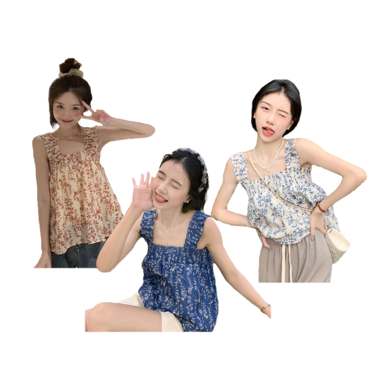 เสื้อครอปสั้นคอเหลี่ยมลายดอกไม้ เเฟชั่นวินเทจของผู้หญิง