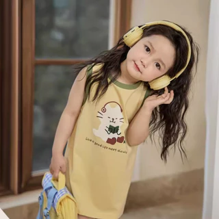 Babyonline(Y423)E6 (ส่งด่วน1วัน)ชุดกระโปรงเสื้อแขนกุดลายการ์ตูน ชุดกระโปรงสายเดี่ยวพิมพ์ลายสก๊อต ผ้าฝ้าย นิ่ม ระบายอากาศ