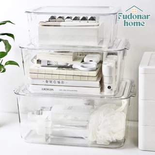 Fudonar กล่องเก็บของอะคริลิค กล่องใสใส่ของ พร้อมฝา หลายขนาด วางซ้อนได้