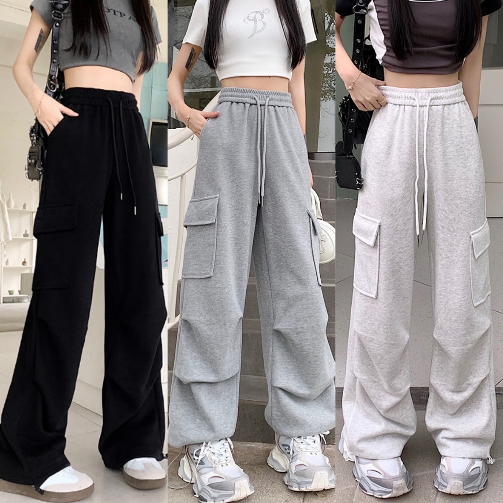 กางเกงคาร์โก้ผู้หญิง กางเกงกระเป๋า กางเกงลำลองเอวสูง ทรงหลวม ผ้าคุณภาพสูง