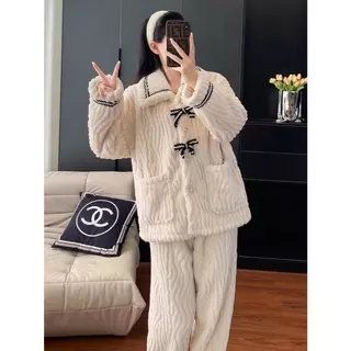 No.GG550 ชุดเซ็ทขนนุ่ม ผ้านาโน (คอปกแต่งโบว์ดำ) ชุดนอน ชุดใส่เที่ยว เสื้อผ้าแฟชั่น
