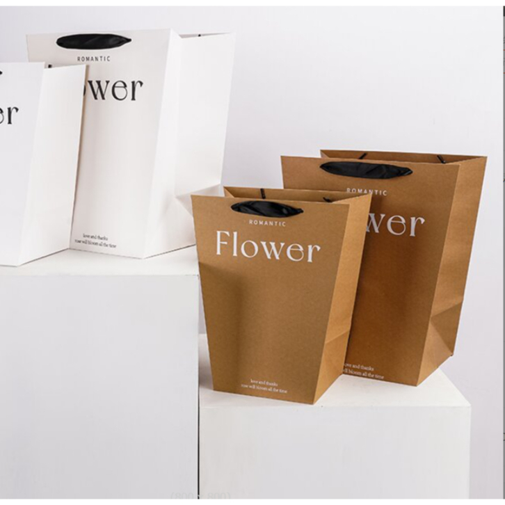 BH ถุงกระดาษ Flower ฐานกว้าง หูหิ้วยาว กระดาษหนา สีขาว สีน้ำตาล ใส่ดอกไม้ พร้อมส่ง