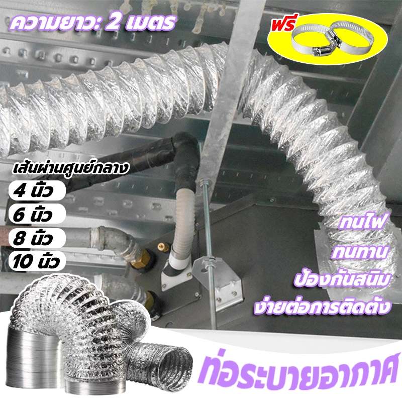 ฟรี เหล็กรัดท่อ ท่อดูดควัน 4/6/8/10 นิ้ว ท่ออลูมิเนียมสองชั้น แบบหนา ทนไฟ ทนความร้อน สําหรับห้องครัวระบา ห้องน้ำระบา