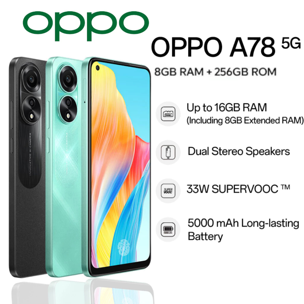 มือถือ OPPO A78 5G (8+256) 5000mAh ชาร์จเร็ว แบตเตอรี่ขนาดใหญ่ 67W SUPERVOOC รับประกันโดยผู้ขาย 1 ปี