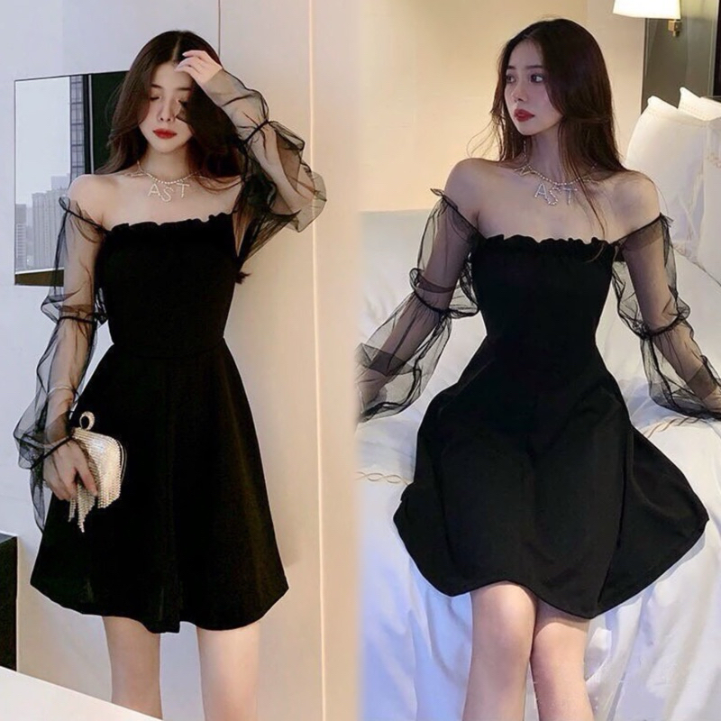 iPink พร้อมส่ง ชุดดำ ชุดกระโปรง เดรสรัดรูป ชุดเดรสสั้นเหนือเข่า เดรสปาดไหล่แขนยาวสายเดี่ยวเซ็กซี่