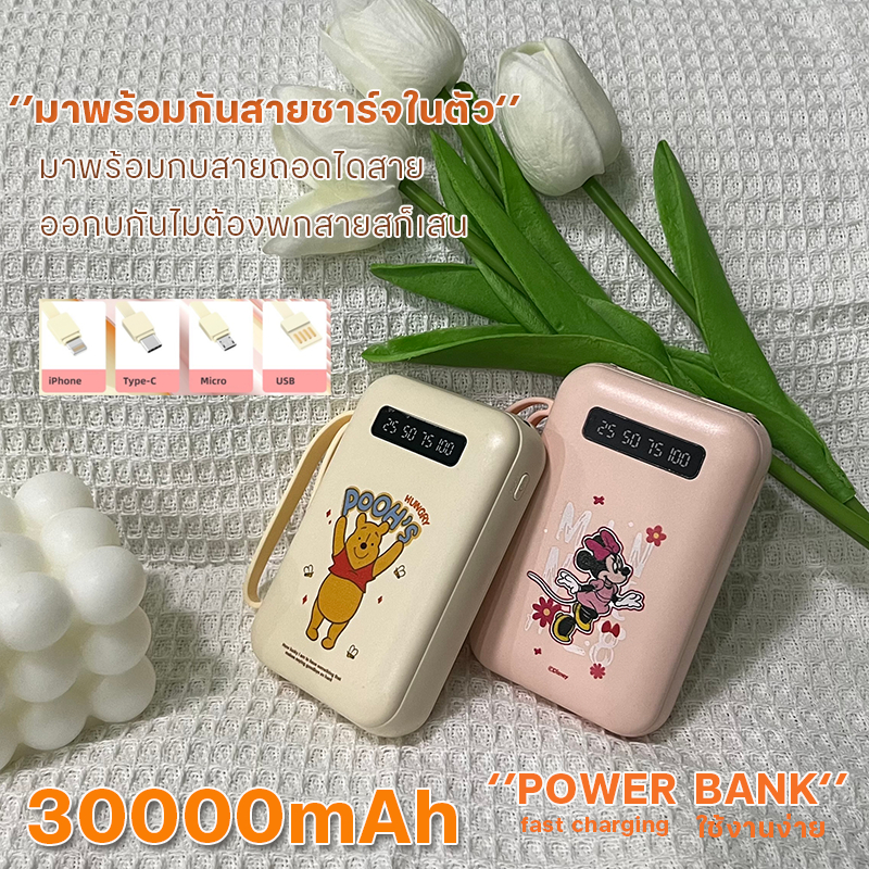 [รับประกัน 1 ปี] AE29 fast charging Powerbank 30000mAh พาวเวอร์แบงค์ชาร์จเร็ว แบตสํารอง PD20W มีสายในตัว Type-C, iPhone