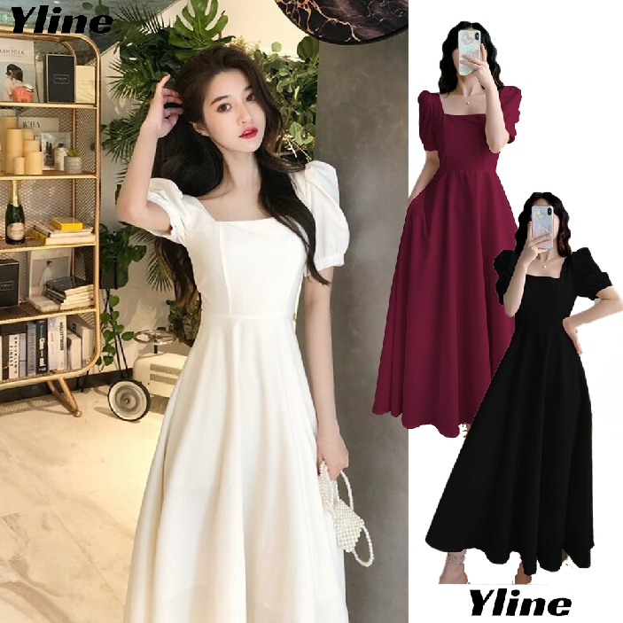 YLINE ชุดเดรสยาวแขนสั้นคอเหลี่ยม ใส่ออกงานได้ มีกระเป๋าข้าง สีพื้น 3 สี สง่างาม