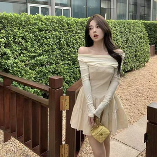 เดรสสั้น สีดำ แขนยาวเปิดไหล่ กระโปรงเย็บระบายเป็นชั้น ผ้าเด้งทิ้งตัว เดรสไปคาเฟ่ Dress ไปเที่ยวผับ #9066
