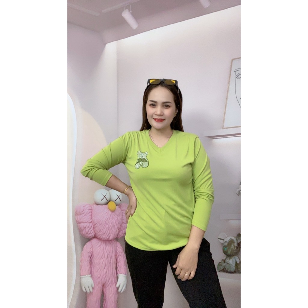 เสื้อแขนยาวผู้หญิง สีพื้นคอวี เสื้อยืดแฟชั่น ลายน่ารัก ฟรีไซส์38-42นิ้วใส่ได้ค่ะ  รุ่น1717 - รูปที่ 3