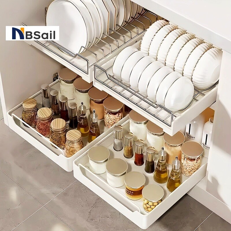 NBSail ชั้นวางจาน ตู้เก็บเครื่องปรุงบิวท์อิน ชั้นวางจานแบบลิ้นชักพร้อมรางเลื่อน ชั้นวางของในครัว Flat Rack New