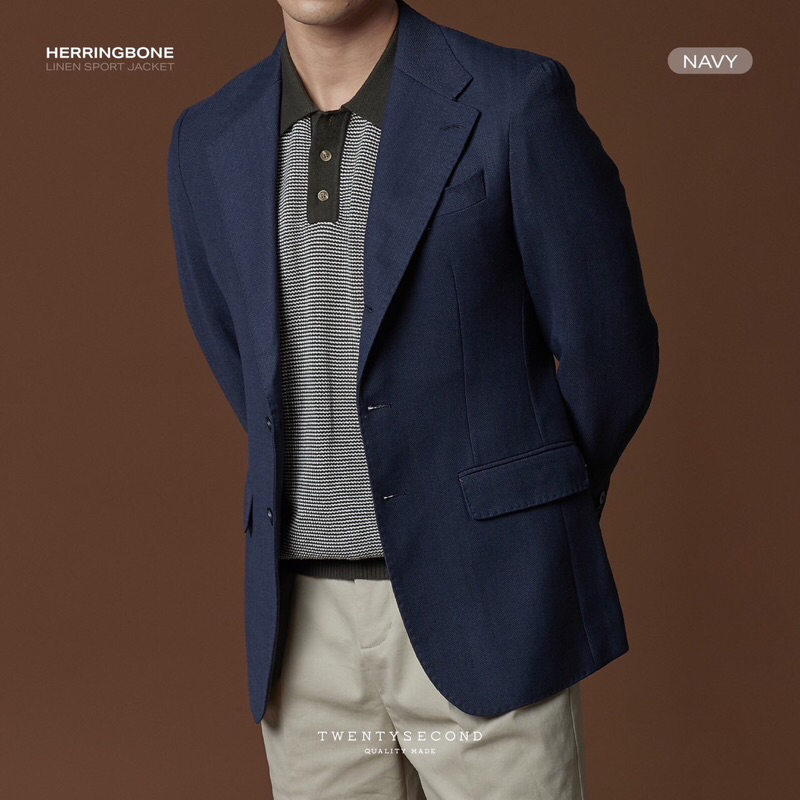 TWENTYSECOND เสื้อสูทผ้าลินิน รุ่น Herringbone Linen Sport Jacket - สีกรม / Navy