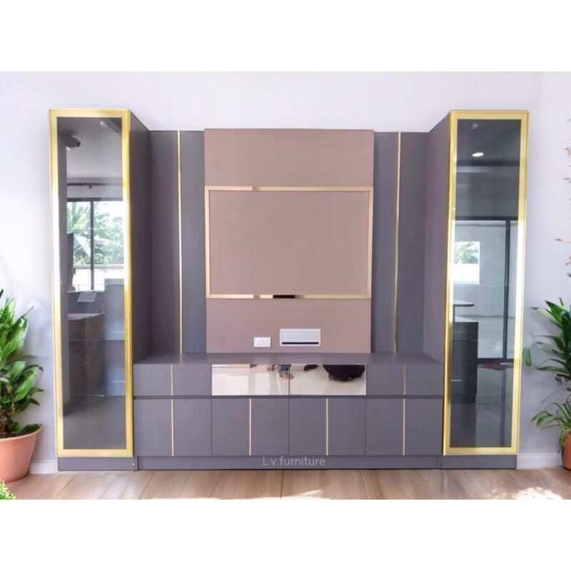 ตู้โชว์วางทีวี 3 เมตร บราโด้ สียีนส์ กว้าง 3 เมตรวางทีวีได้สูง 75 นิ้ว แบบ LED พร้อมส่ง