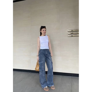 LABLUSA - LBS279 กางเกงกระบอกคาร์โก้ทรงโคร่งแต่งตะเข็บหน้าขาผ้าไม่ยืด (Unisex)