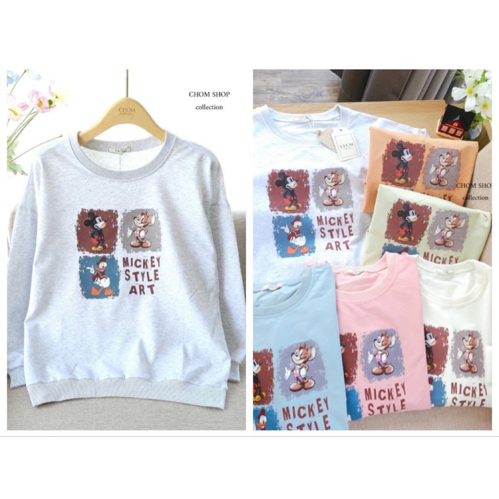 ป้าย CHOM เสื้อผ้าคอตตอนยืดแขนยาวสกรีนลายมิกกี้ส์ อก 42 นิ้ว