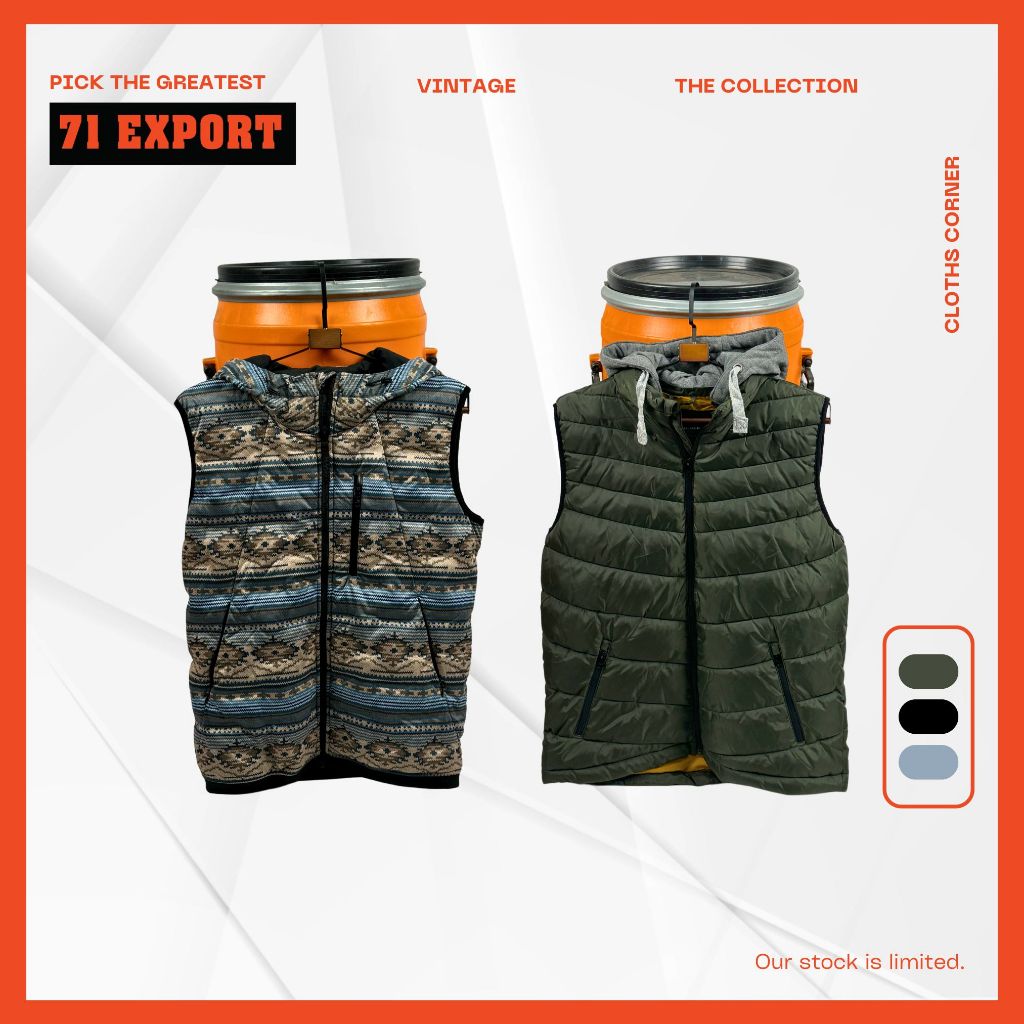 71EXPORT เสื้อกั๊กกันหนาวมีฮู้ด หลายแบรนดฺฺ์ในราคาเดียว สำหรับผู้ชายแฟชั่นสายเที่ยว มีให้เลือก 2แบบ