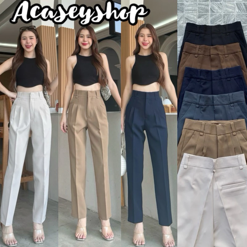 Acasey กางเกงขายาวผู้หญิง ขากระบอกเล็ก ผ้าไมโคร 10ส่วน แต่งกระเป๋าหลัง ไซส์ S - XL