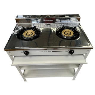 Lucky Flame เตาแก๊สชั้นคู่ สีเทา หน้าสแตนเลส หัวเตาเหล็กเหล่อขนาด 5 นิ้ว รุ่น LF-402MC รับประกันสปาร์ค 5 ปี