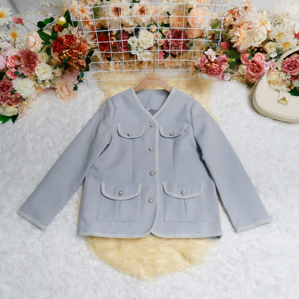 เสื้อคลุมทวิต สีเทาควันบุหรี่ ซับในทั้งตัว แขนยาว คอวี ผ้าทวิต ความยาวเสื้อ=26